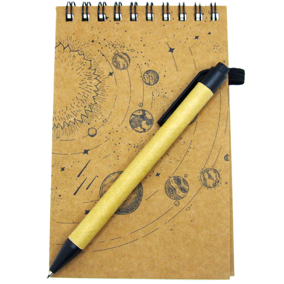 Mini Notizheft Solar System | Ringheft-Notizbucht 14,5x9cm aus recyceltem Karton/Papier mit weißem Papier und Kugelschreiber